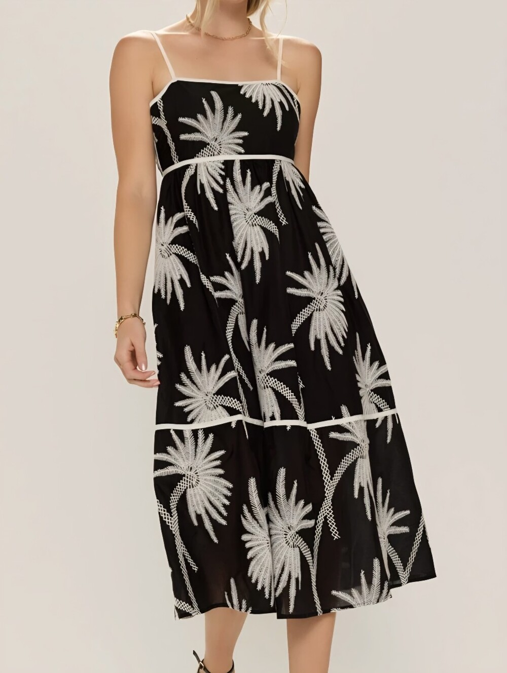 Francescas Embroidered Palm Bow Back Midi Dress L